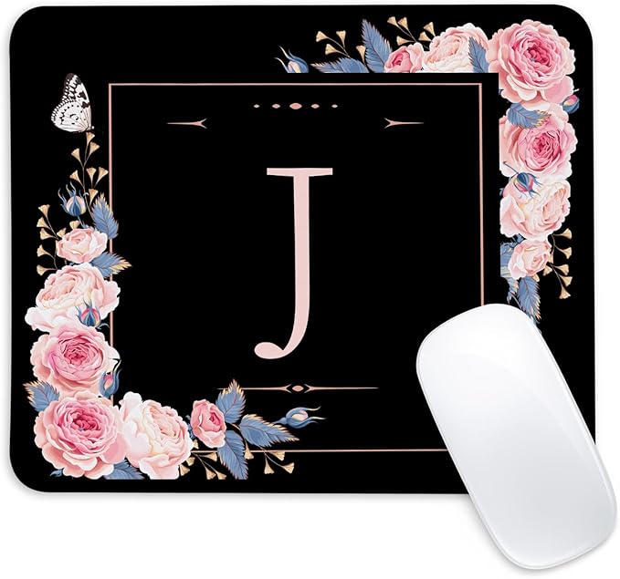 Letter J Black and Pink Flowers Square Mouse Pad, Mouse Pad with Stitched Edge and Non-Slip Rubber Base,Mouse Mat,Home Office Decor Desk Accessories,9.4x7.8x0.12 inch Square Mouse Pad