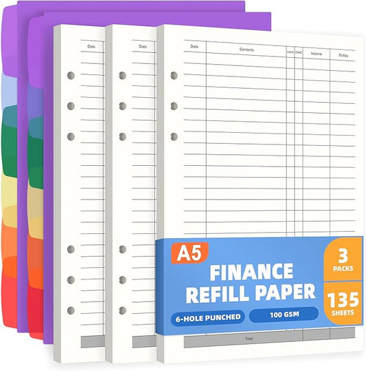 Antner A5 Finance Refill Paper Planner Refills, 135 Sheets 6-Hole Finance Records Loose Leaf Filler Paper with Binder Dividers for A5 6-Ring Budget Binder, Refillable Notebook, Accounting Book Inserts