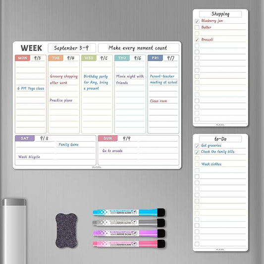 Magnetic Weekly Calendar Whiteboard for Fridge, Refrigerator Dry Erase Weekly White Board, Includes Magnetic Weekly Planner for Fridge with 2 List Boards, 4 Markers + Eraser