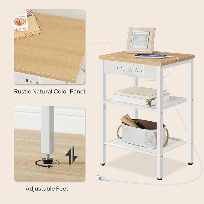 HOOBRO Side Table with Charging Station and USB Ports, Small End Table for Small Space, 3-Tier Nightstand with Adjustable Shelf, for Living Room, Bedroom and Balcony, Natural and White WN112BZ01