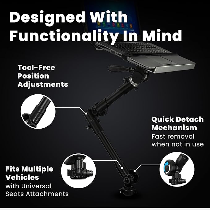 Mount-It! Car Laptop Mount, No-Drill Passenger Seat Laptop Stand for 12–15.4 Inch Laptops up to 9 lbs, Height Adjustable Full Motion Vehicle Laptop Mount