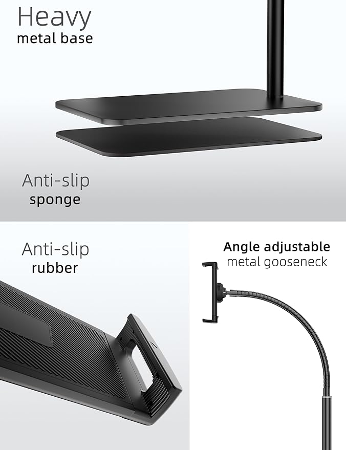 iPad Stand, Adjustable Tablet Floor Stand Metal Tablet Holder with Flexible Gooseneck, Compatible with iPad, Kindle, and Cell Phones (4.7''-13''), Ideal for Hands-Free Use