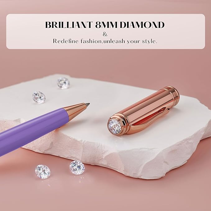 Luxury Gel Pen, Top Set With 8mm Brilliant Diamond,Stylish Purple Pen Body,Attractive Rose Real Gold Finish, Black Ink Refill,Elegant Gift Pen For Women, Unique, Fancy, Office Pens