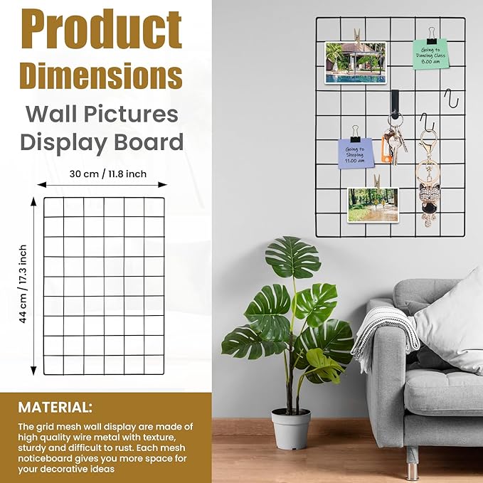 Metal Wire Wall Panel, Wire Mesh Organizer, 17.3"×11.8" Black Wall Grid, 4-Pack with Clips and Hooks