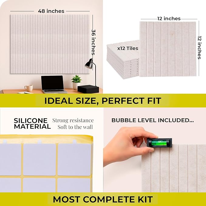 Felt Bulletin Board Tiles – 12x12 Inch Cork Wall Panels, Pack of 12, Covers 36x48 Inches, 50 Adhesive Tabs and Bubble Level, Polyester Material – Desert Ivory