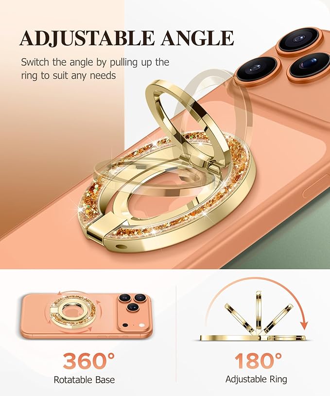 GVIEWIN Magnetic Phone Ring Holder, Compatible with MagSafe Phone Grip with Adjustable Stand, Magnet Phone Ring Kickstand for iPhone 17/16/15/14/13/12 Pro Max Plus Air/Other Phones (Glitter/Copper)