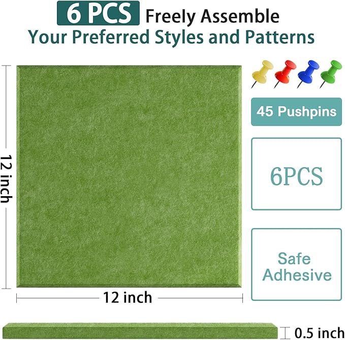 Felt Cork Board for Wall: Extra Large Bulletin Board for Office - 0.5 Inch Thick Corkboard Tiles 6 PCS Green Pin Board Squares Adhesive