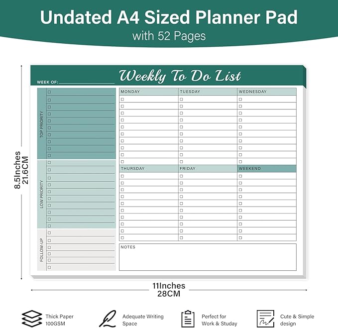 Weekly To Do List Notepad - 52 Undated Glue Bound Tear-Off Sheets (8.5"x11") for Desk Planning | Home, Work & School Organization Pad for Women & Men
