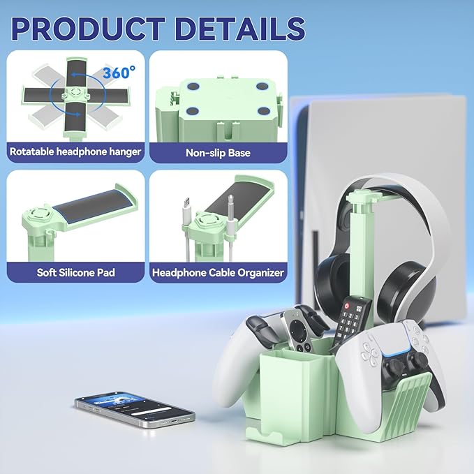 KDD Dual Controller Holder with Headphone Stand - Multi-Functional Desk Storage Box with Phone Holder - Universal Controller Stand with Desktop Organizer for Remote Control Pen Accessories(Green)