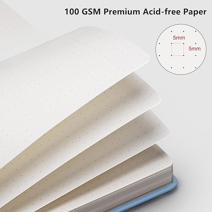RETTACY Dotted Journal Notebook, 192 Pages, A5 Medium Size (5.7'' x 8.3''), Leather Hardcover, 100 GSM Thick Paper, for Bullet Journaling, Planning, Tracking (Light Blue)