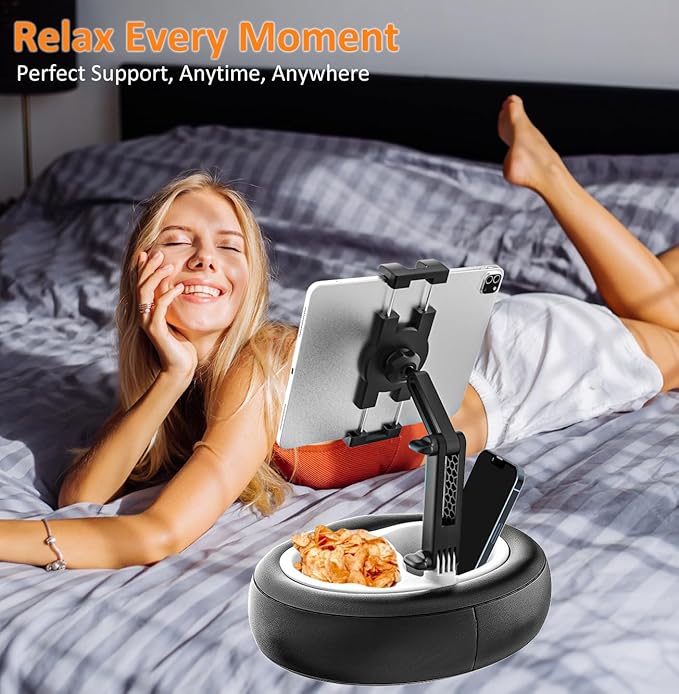 Pillow Tablet Holder Mount, Tablet Pillow Stand for Bed Lap Sofa with Adjustable Arm for Tablets & Phones 4-13", iPad Pro Air Mini, Kindle, Galaxy Tab, iPhone (Soft Leather Material, Black)