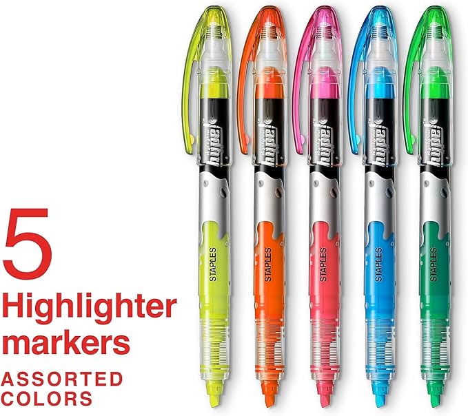 Staples Hype! Liquid Highlighters, Assorted, 5/Pack