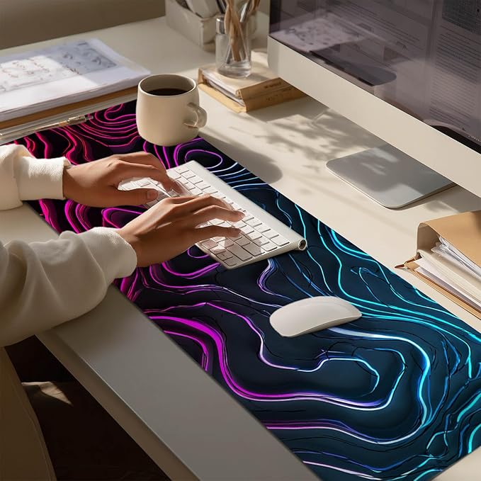 Large Mouse Pad Gaming Mousepad 31.5 x 11.8 Inch Keyboard Desktop Mat Diatomite XL Mouse Pad for Home and Office Desk Accessories with Neon Abstract Wave Pattern Artwork Diatomite