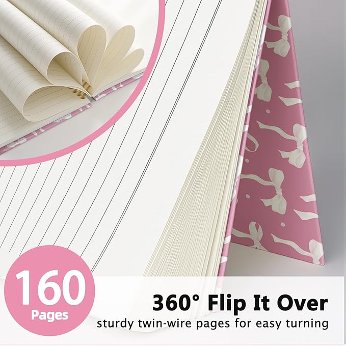 LIANGW Coquette Pink Bow Notebook Journal for Teen Girls & Women, Preppy Cute Journal Gifts for Women, Girly Gifts, Pink Bow Office Supplies, Hardcover Spiral Notebook, 5.5x8.3 Inch
