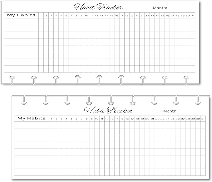 Horizontal Habit Tracker Inserts for 7, 9, 11 Disc | Mini, Classic, Skinny, Big, Letter, Junior Size Planners | Color or Black & White | Monthly Habit Log (Black & White, 9-Disc Skinny)