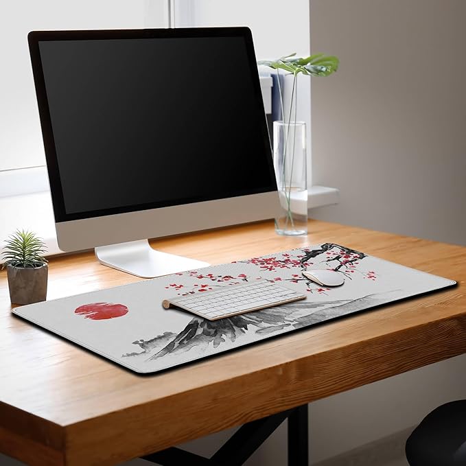 Large Mouse Pads White, Home Office Desk Pad Gaming Mat, Desk Mat Large Non-Slip Rubber Base Waterproof with Stitched Edges, 35.4 X 15.7 inch for Work/Game/Office Japan Traditional Painting
