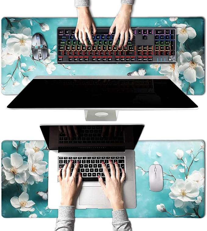 Aqua White Flowers Butterfly Large Mouse Pad, Desk Mat Computer Keyboard Pad Non-Slip Rubber Base Waterproof with Stitched Edges for Laptop Gaming, Office & Home 31.5 x 11.8 Inch (XL-22)