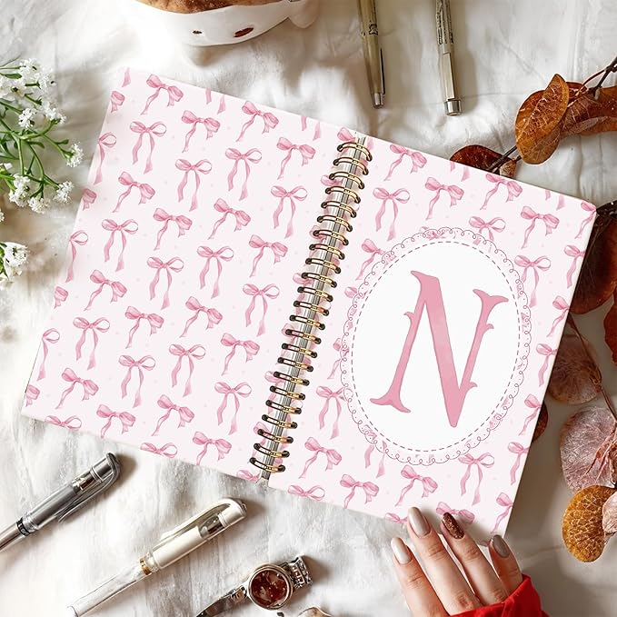 LIANGW Pink Bow Journal Notebook for Teen Girls,Initial N Journals Personalized Diary Gifts for Teen Girl Kids, Monogrammed Gifts for Women, Coquette Cute Hardcover Spiral Notebook 5.5 x 8.3