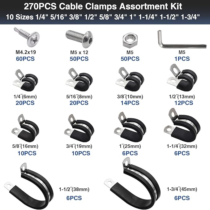 Taiss 270PCS Cable Clamps Assortment Kit,304 Stainless Steel Rubber Cushion Insulated Wire Pipe Clamps,10 Sizes 1/4" 5/16" 3/8" 1/2" 5/8" 3/4" 1" 1-1/4" 1-1/2" 1-3/4" Loop Clamps With screws