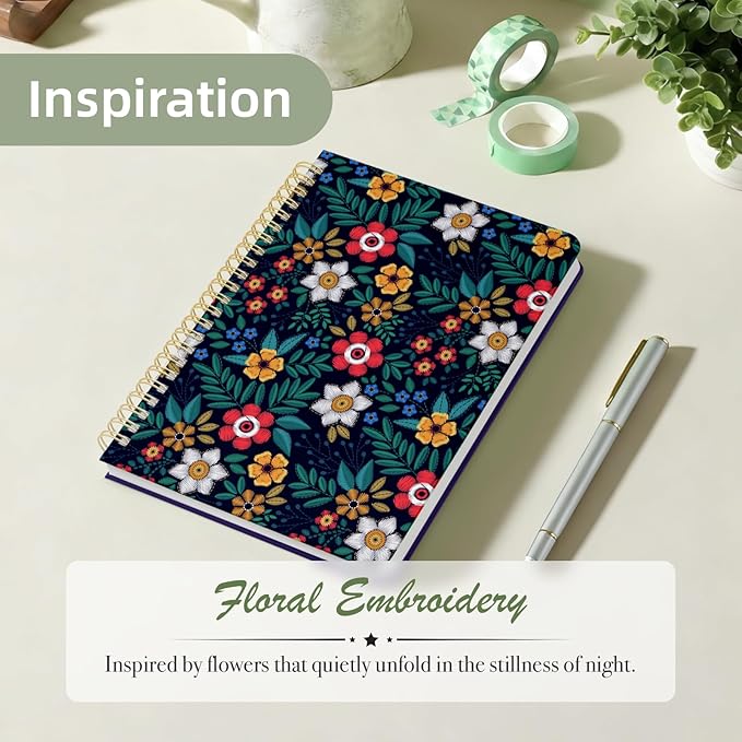 Stanoha Cute Spiral Notebook A5 Journal for Women Girls Kawaii Aesthetic Pretty Floral Design with Pocket, 8.5 x 5.7 inch, Graph, Dark Flower