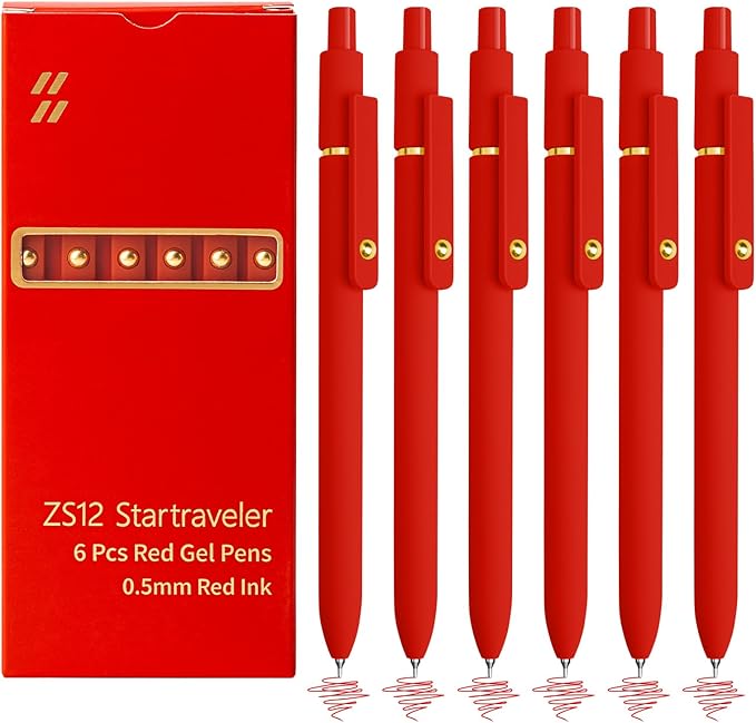 6 Pcs Red Ink Pens for Journaling 0.5mm Fine Point Red Gel Ink Pens, Smooth Writing Quick Dry Pen for Note Taking, Gift Set for Women & Men (6 Pcs Red Gold)