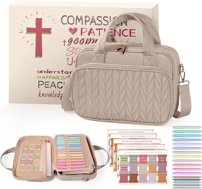 Bible Cover Case for Women, Large Bible Bag with Study Supplies, Bible Journaling Kit with Highlighters and Pens No Bleed, Christian Gift for Women (Shoulder Strap, Smokey Taupe)