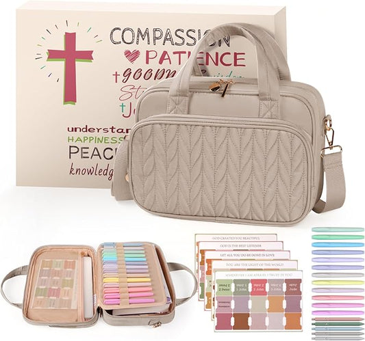 Bible Cover Case for Women, Large Bible Bag with Study Supplies, Bible Journaling Kit with Highlighters and Pens No Bleed, Christian Gift for Women (Shoulder Strap, Smokey Taupe)