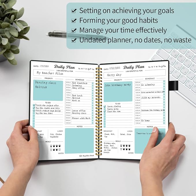 Daily Planner Undated, To Do List Notebook with Hourly Schedule Regolden-Book Calendars Meal, Spiral Appointment Organizers Notebook for Man/Women, Pocket,Pen Loop, 160 Pages (7x10")