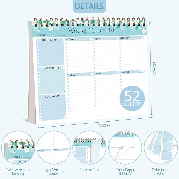 ROZZBY Weekly To Do List Notepad with 52 Undated Sheets (8.5"×11"), Desk Weekly Planner Notepad for Office Desk Accessories and School Supplies (Blue)