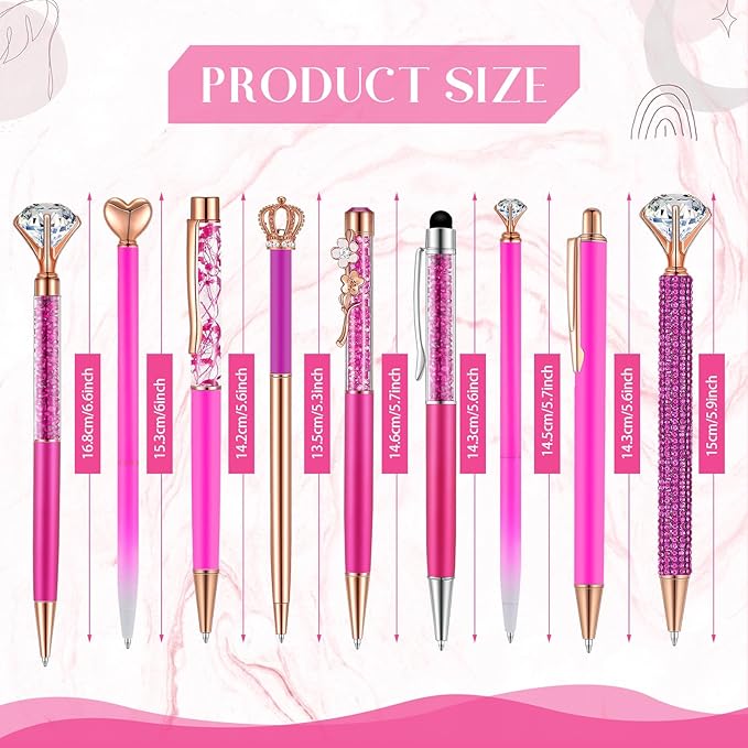 Janmini 9 Pcs Ballpoint Pens Set Metal Crystal Diamond Glitter Pens for Journaling Black Ink Pretty Cute Things Fancy Stationery Gifts for Women Girls Birthday Home Office Desk(Fluorescent Pink)