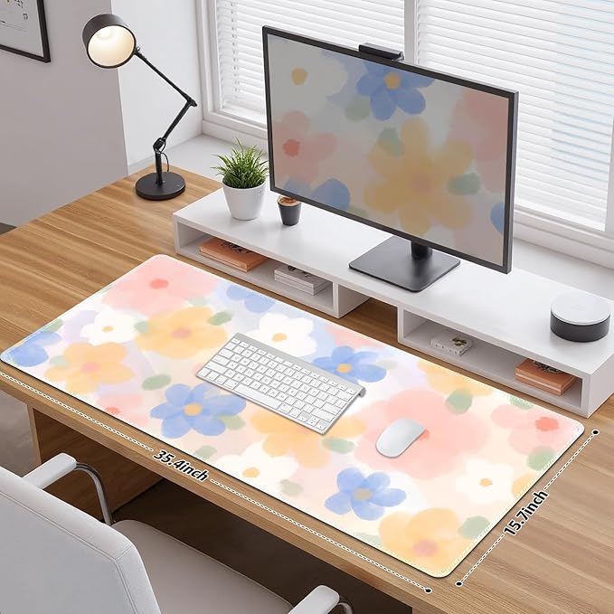 Floral Desk Pad Mouse Pad, Large Gaming Mouse Mat with Stitched Edges, Non-Slip Waterproof Rubber Base Mous Mat for Office Computer Keyboard Laptop Home Decor Women Girl (35.4X17.5 in), Watercolor
