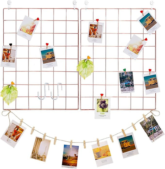 DIJIAHUA 2 Pack Wall Grid Panel Wire Photo Wall Pictures Display Board with Accessory Wall Storage Organizer Memo Board Over Desk Décor for Home, Office and Dorm (Rose Gold)