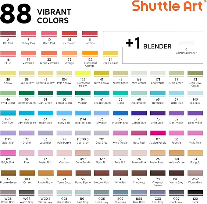 Shuttle Art Brush Tip Alcohol Markers, Dual Tip Brush & Chisel Tip Art Marker Set, 89 Colors Marker Pens with Organized Case Perfect for Illustration Kids Students Adults Coloring Sketching