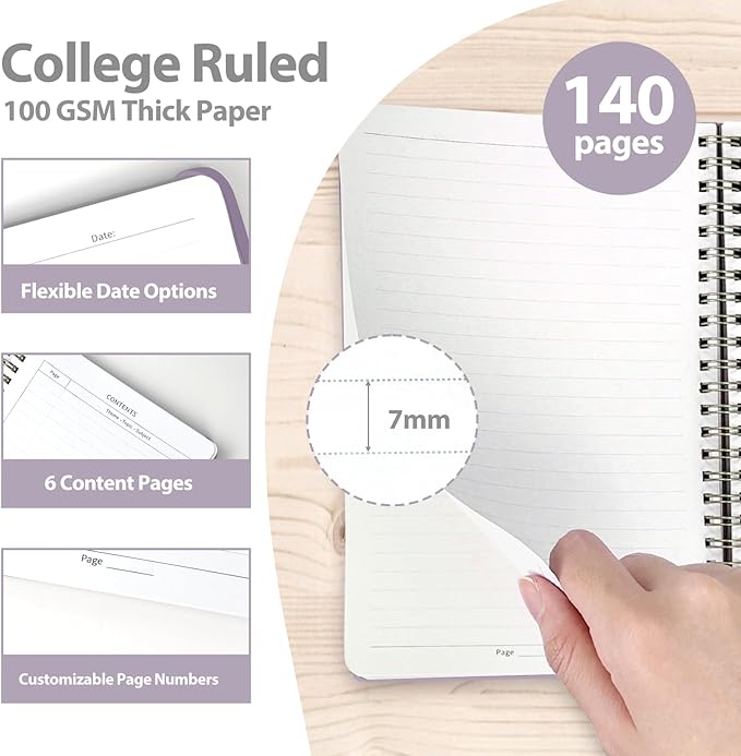 VALOME Journaling Notebooks, A5 Lined Spiral Notebook for Women & Men, 146 Pages College Ruled Hardcover Note Book for Work, Note Taking, Journaling, School, Writing (Purple)