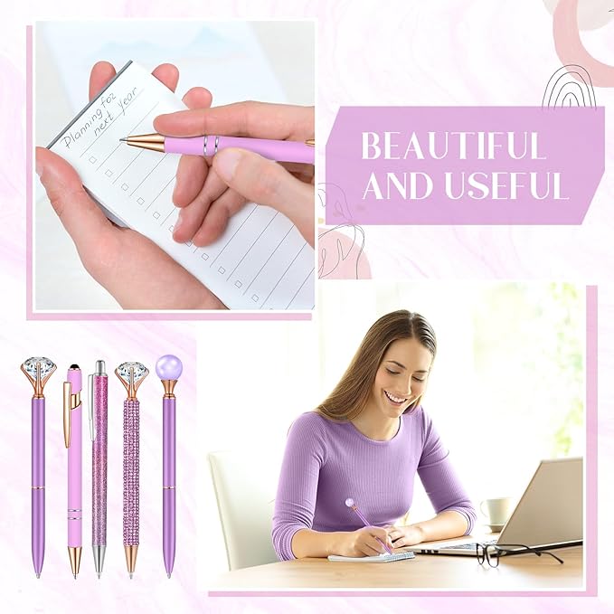 Janmini 9 Pcs Ballpoint Pens Set Metal Crystal Diamond Glitter Pens for Journaling Black Ink Pretty Cute Things Fancy Stationery Gifts for Women Girls Birthday Home Office Desk(Violet)