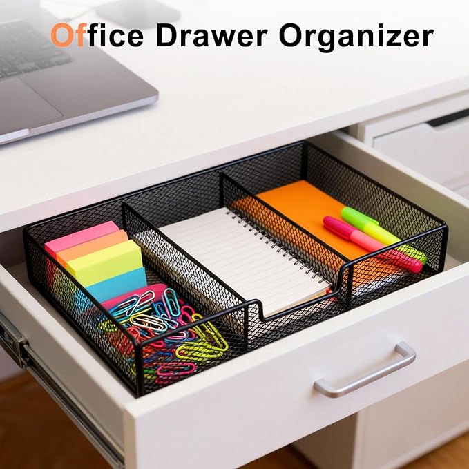 SANWICH Desk Drawer Organizer Tray with Compartments, 3 Grid Metal Mesh Drawer, Multi-use Desk Organizer Storage Box Set for Office,Home,School Supplies, 12.59X9.25X2.36 in (1pcs)