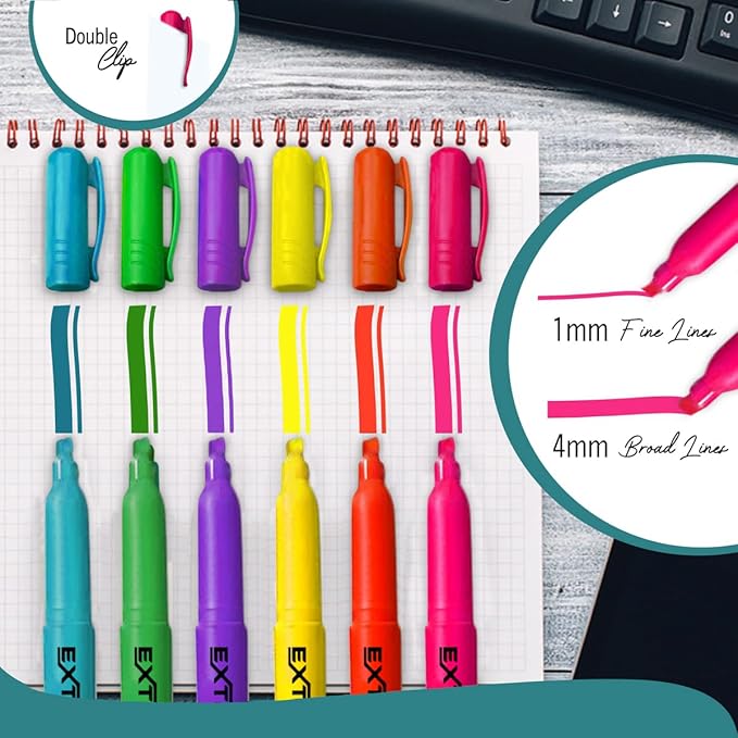 EXTRIC 6 Pack Highlighters, Fluorescent Assorted Colors, Quick Dry, Pen Style Chisel Tip highlighter marker, Smudge Free, Pocket Size