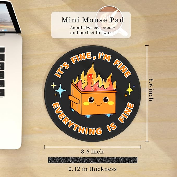 Funny Mouse Pad for Desk, Cute Office Decor for Women, Dumpster on Fire Small Mousepad with Non-Slip Rubber Base, Travel Round Computer Mouse Pads for Laptop Desk Accessories Office Supplies