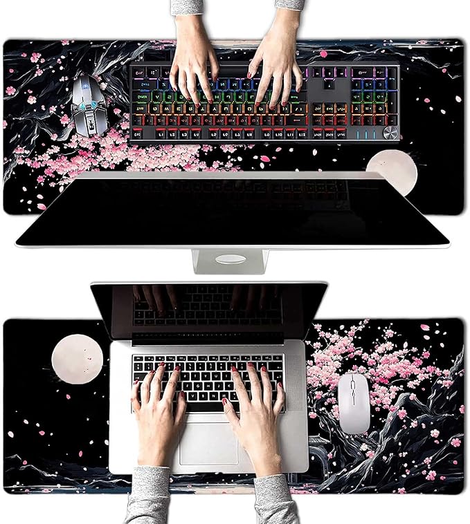 Black Japanese Cherry Blossom Large Mouse Pad, Desk Mat Computer Keyboard Pad Non-Slip Rubber Base Waterproof with Stitched Edges for Laptop Gaming, Office & Home 31.5 x 11.8 Inch (XL-21)