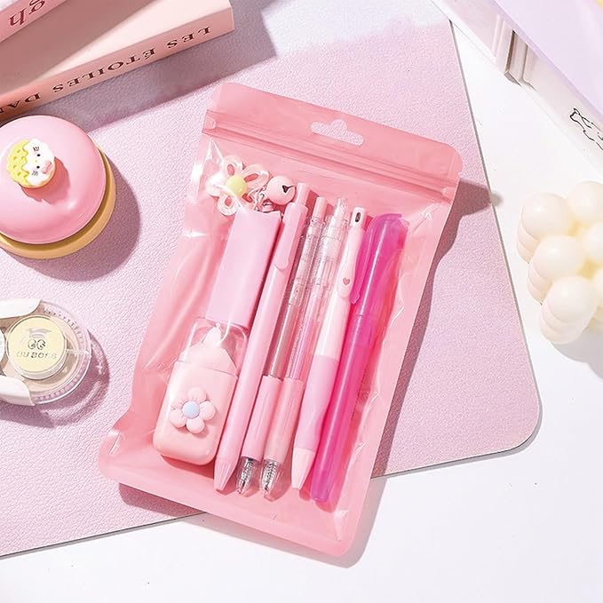 8 Pcs Cute Pink Stationery Set for Girls Boys Kids Women Back to School Supplies Office Supplies Kawaii Candy Colors Stationery Gift (Pink)