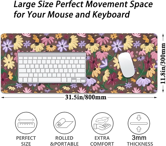 Cottagecore Mouse Pad Surprise Song Piano Floral Desk Pad,Cute Desk Mat Acoustic Set Aesthetic Mousepad,Extend XL Stitched Edges,Non-Slip Rubber Base for Office Work Home (31.5X11.8 in)