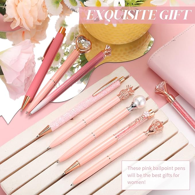 Janmini 9 Pcs Ballpoint Pens Set Metal Crystal Diamond Glitter Pens for Journaling Black Ink Pretty Cute Things Fancy Stationery Gifts for Women Girls Birthday Home Office Desk(Light Pink)