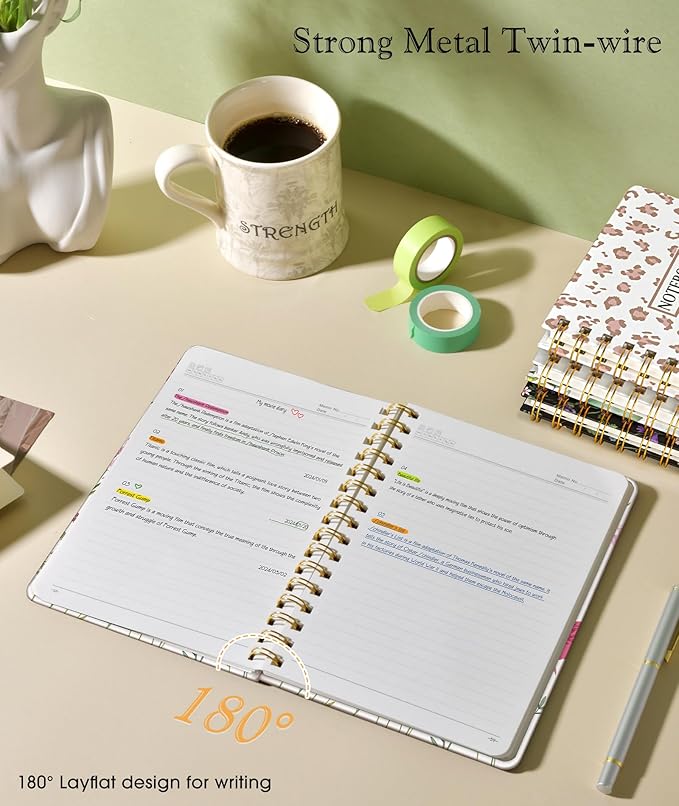 Lined Spiral Journal Notebook for Women, A5 Cute Hardcover Spiral Journals for Work, Note Taking, 150 Numbered Pages 100 GSM College Ruled Spiral Bound Notebook, 5.75" x 8.38", Ivory Wild Flowers