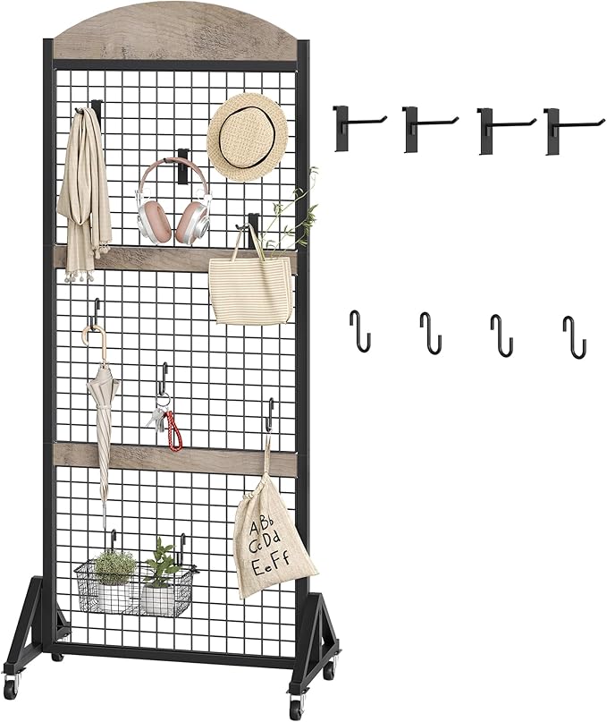 2 Packs Grid Wall Panel 5.7' x 2' FT Grid Display Rack with Wheels, Movable Gridwall Display Stand with 8 S-Shaped Hooks and 8 Garment Hooks, Floorstanding Wire Grid Rack, Greige and Black TCJ17P2BG