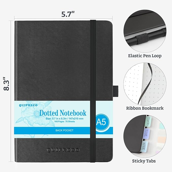Bullet Dotted Journal Hardcover Notebook, A5 140 Pages 120Gsm Thick Paper for School,Note Taking,Work,Diary，5.7''*8.3'',Black