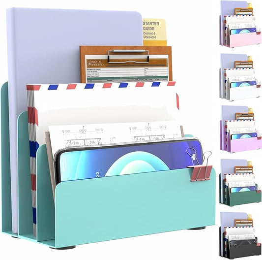 Mail Organizer Countertop, Small Desk File Organizer, Metal File Holder - Essential Workspace Organizers for Office Desk, Home Office (Blue)