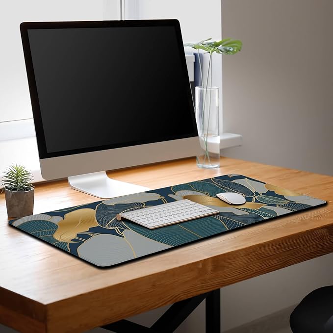 Mouse Pad for Women Gold Blue Desktop Pad Gaming Mouse Pads Large Mousepad Office Pad Waterproof Non-Slip Rubber Base 35.4" X 15.7" for Game Office, Precious Leaves of The Jungle