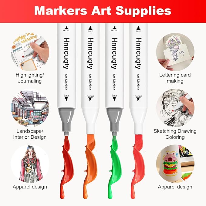 Alcohol Markers Set 100 Colors, Dual Tips Coloring Art Markers Set with Case & Holders, Chisel & Fine Artist Sketch Pens Art Supplies for Adult Coloring Books, Drawing, Painting, Sketching