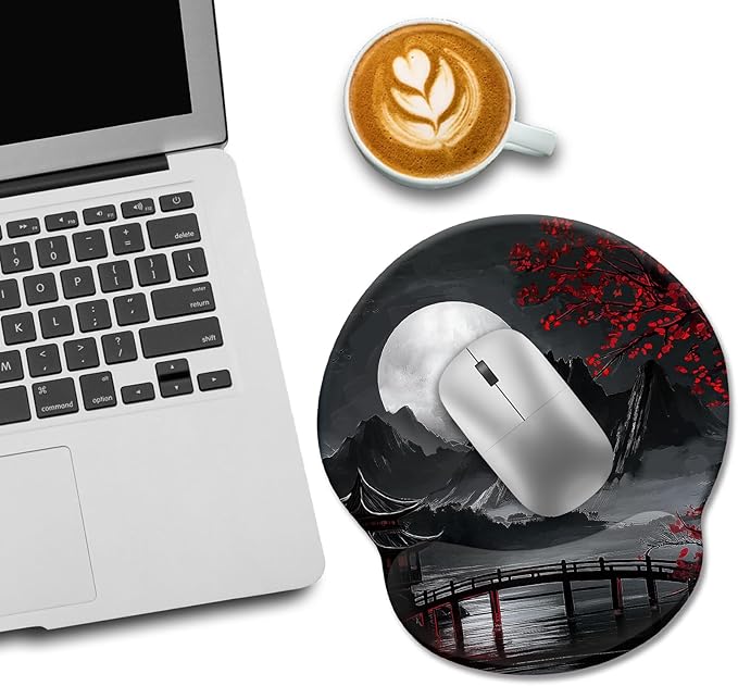 Japanese Mouse Pad with Wrist Rest, Full Moon Ergonomic Mouse Pad Wrist Support with Non-Slip Pain Relief PU Base, Funny Computer Mousepad, Japanese Style Office Home Desk Accessories Decor