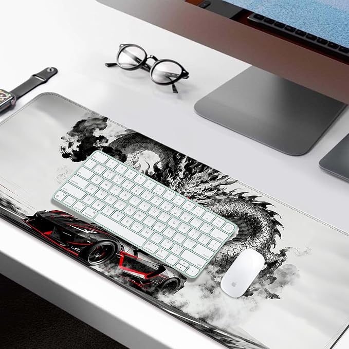 Gray Dragon and Cool Sport Car XL Large Desk Mat, Extended Long Desk Pad for Gaming and Office, Non-Slip Rubber Base, Comfortable Surface Mouse Pad, 31.5x11.8 in (H19)